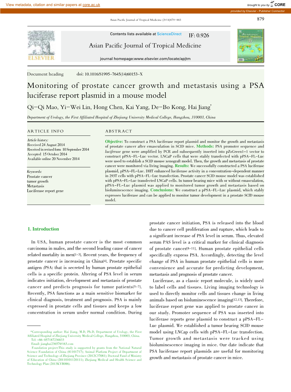 Monitoring of Prostate Cancer Growth and Metastasis Using a PSA