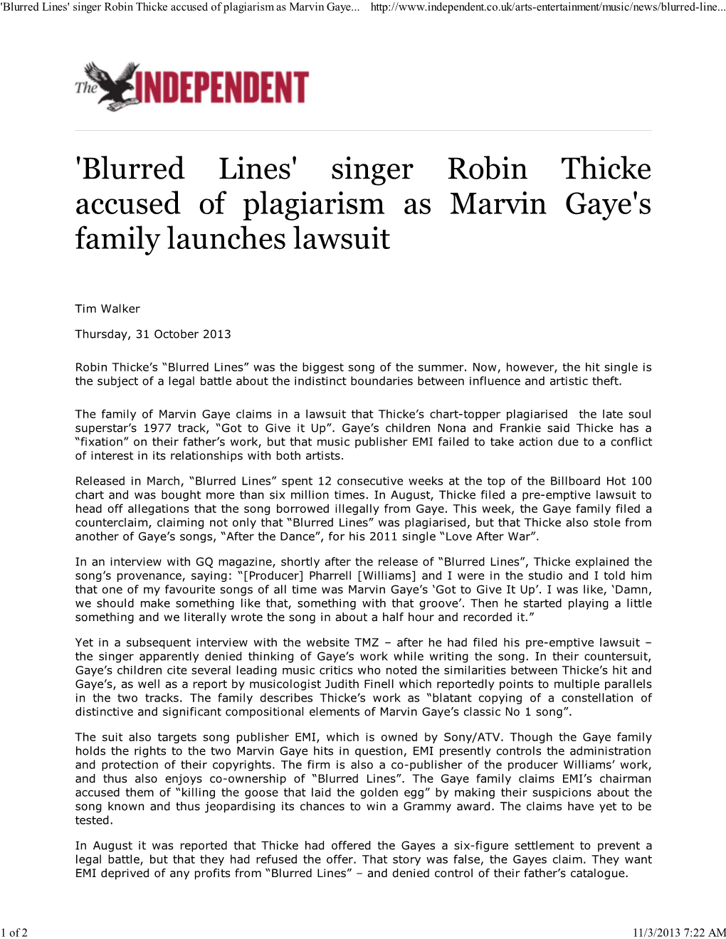 Blurred Lines' Singer Robin Thicke Accused of Plagiarism As Marvin Gaye