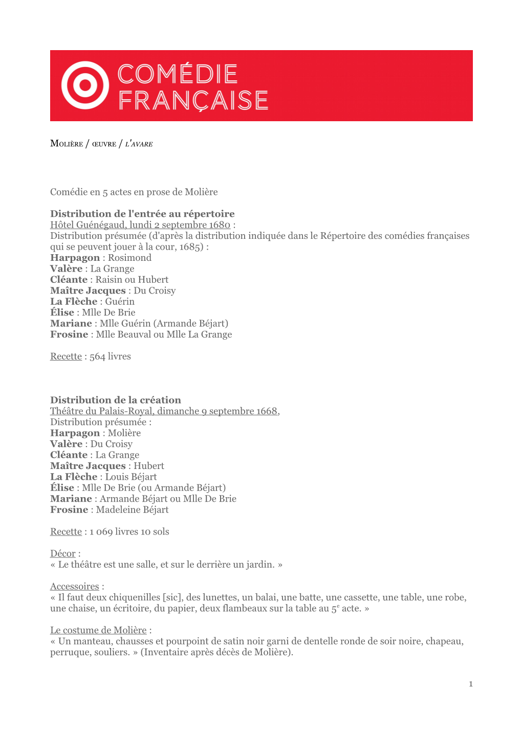 Comédie En 5 Actes En Prose De Molière Distribution De L'entrée Au Répertoire Hôtel Guénégaud, Lundi 2 Septembre 1680