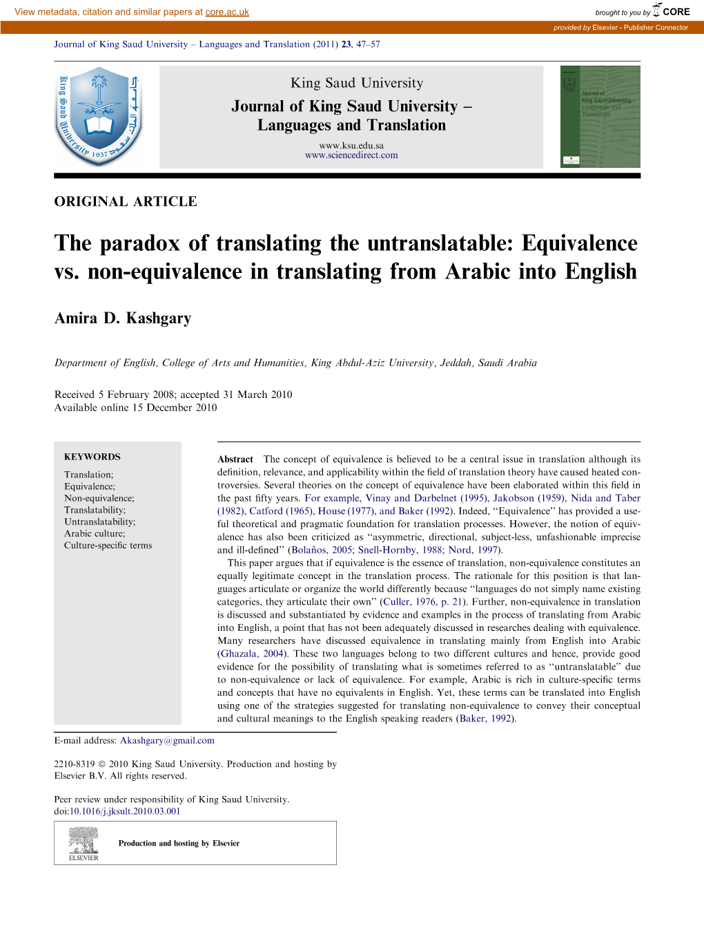 The Paradox of Translating the Untranslatable: Equivalence Vs. Non-Equivalence in Translating from Arabic Into English