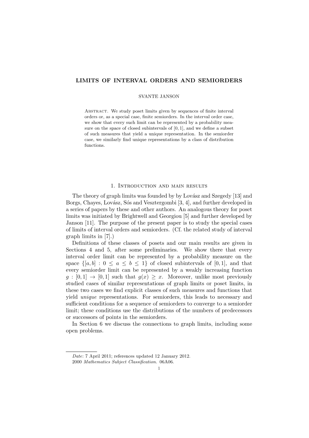 LIMITS of INTERVAL ORDERS and SEMIORDERS 1. Introduction And