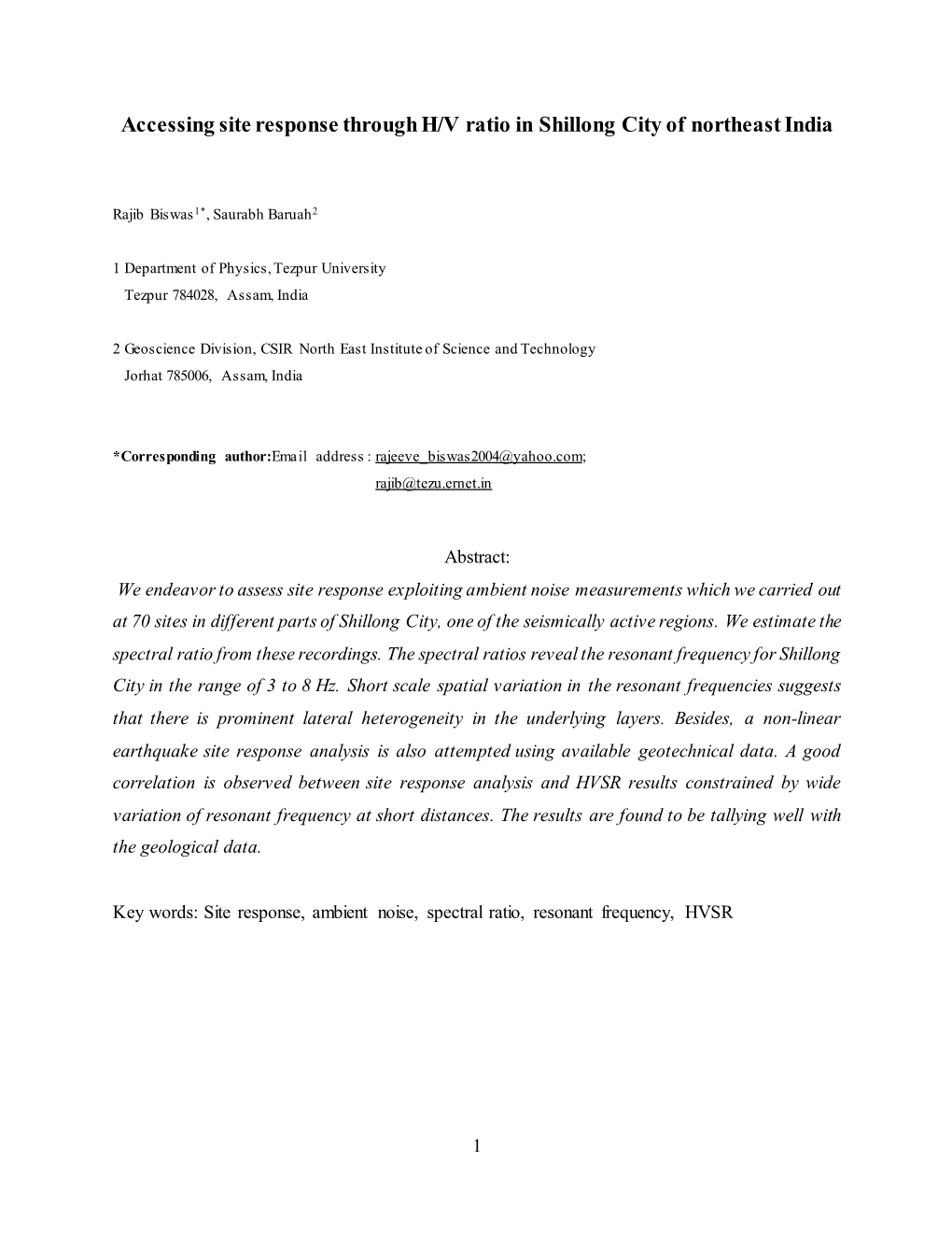 Accessing Site Response Through H/V Ratio in Shillong City of Northeast India