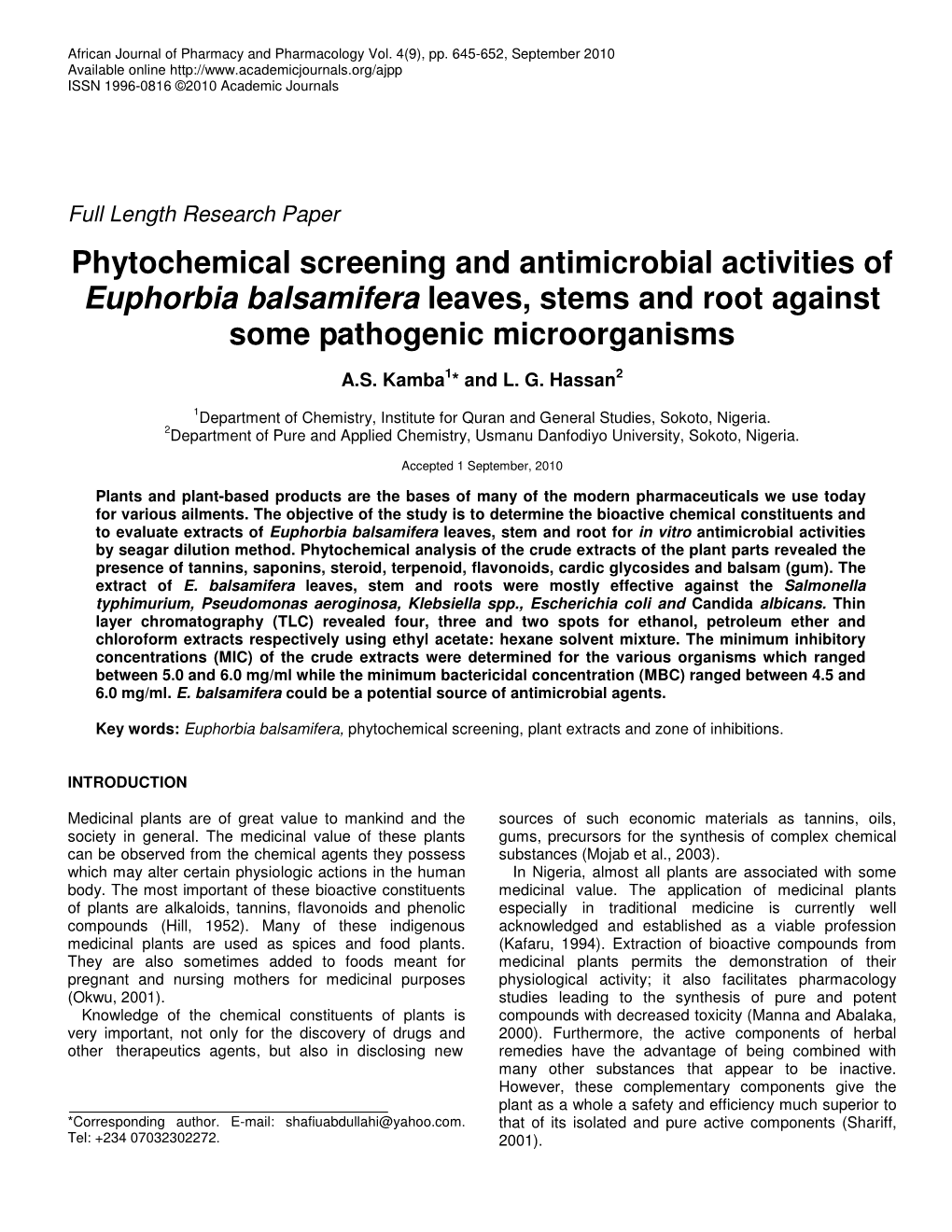 Phytochemical Screening and Antimicrobial Activities of Euphorbia Balsamifera Leaves, Stems and Root Against Some Pathogenic Microorganisms