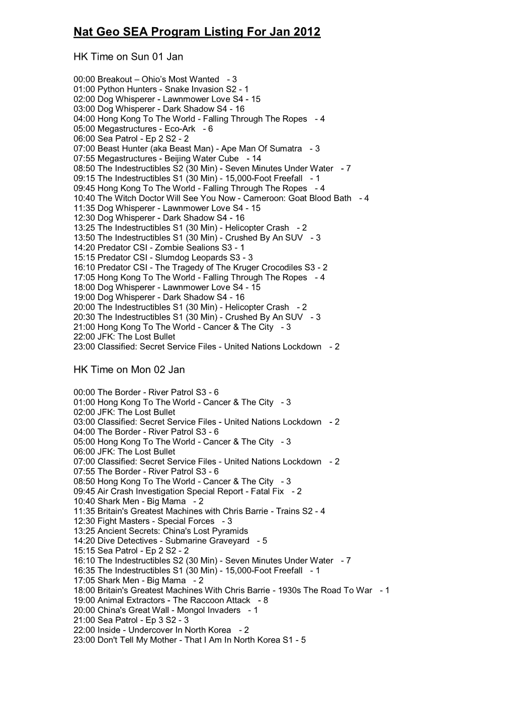 Nat Geo SEA Program Listing for Jan 2012