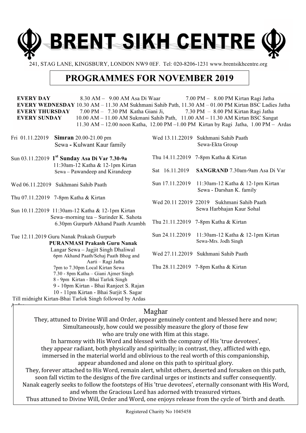 PROGRAMMES for NOVEMBER 2019 A