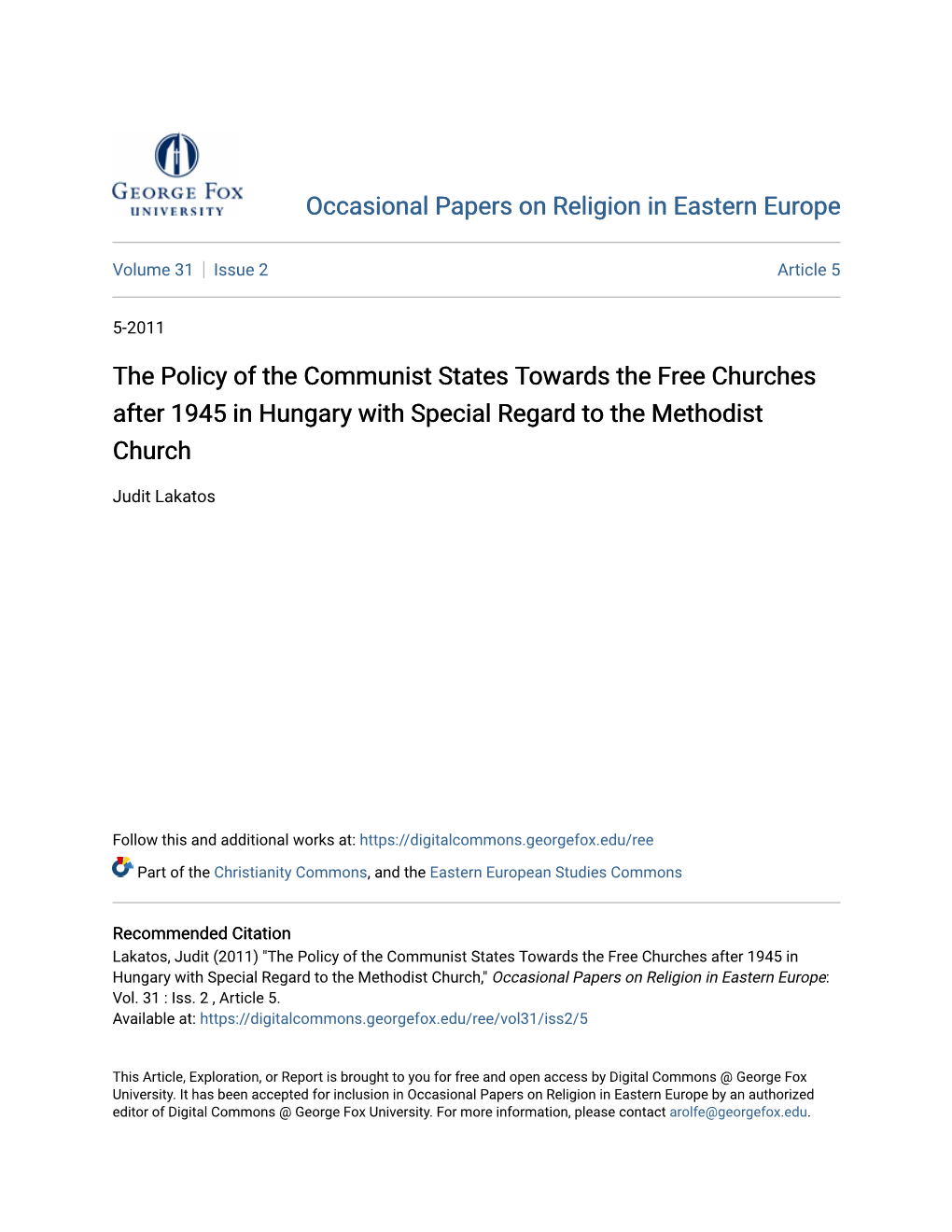 The Policy of the Communist States Towards the Free Churches After 1945 in Hungary with Special Regard to the Methodist Church