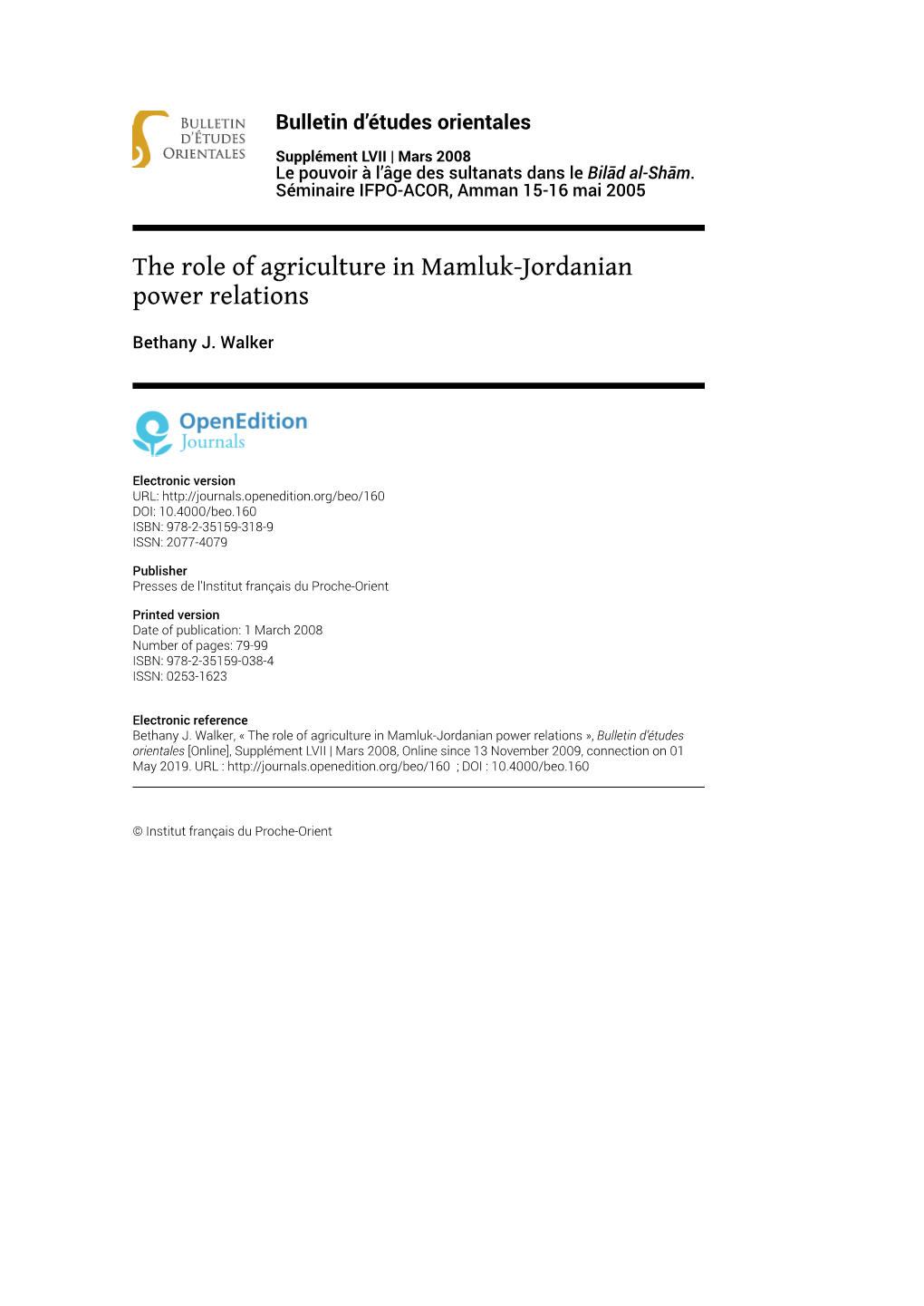 The Role of Agriculture in Mamluk-Jordanian Power Relations