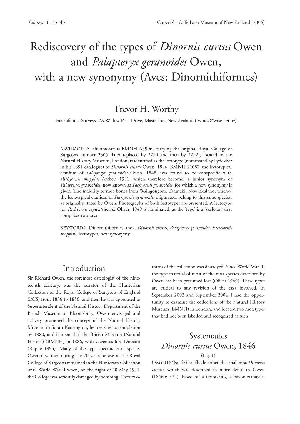 Rediscovery of the Types of Dinornis Curtus Owen and Palapteryx Geranoides Owen, with a New Synonymy (Aves: Dinornithiformes)