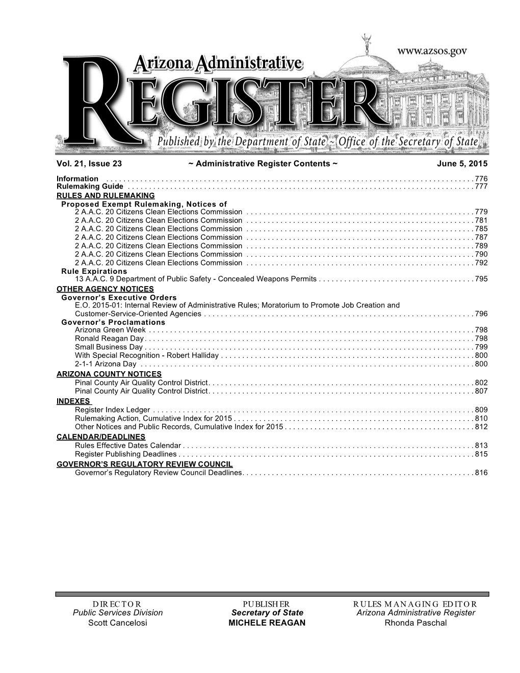 Issue 23 ~ Administrative Register Contents ~ June 5, 2015 Information