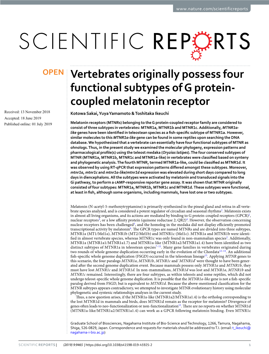 Vertebrates Originally Possess Four Functional Subtypes of G Protein