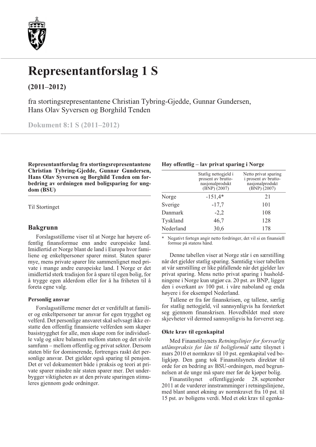 Representantforslag 1 S (2011–2012) Fra Stortingsrepresentantene Christian Tybring-Gjedde, Gunnar Gundersen, Hans Olav Syversen Og Borghild Tenden