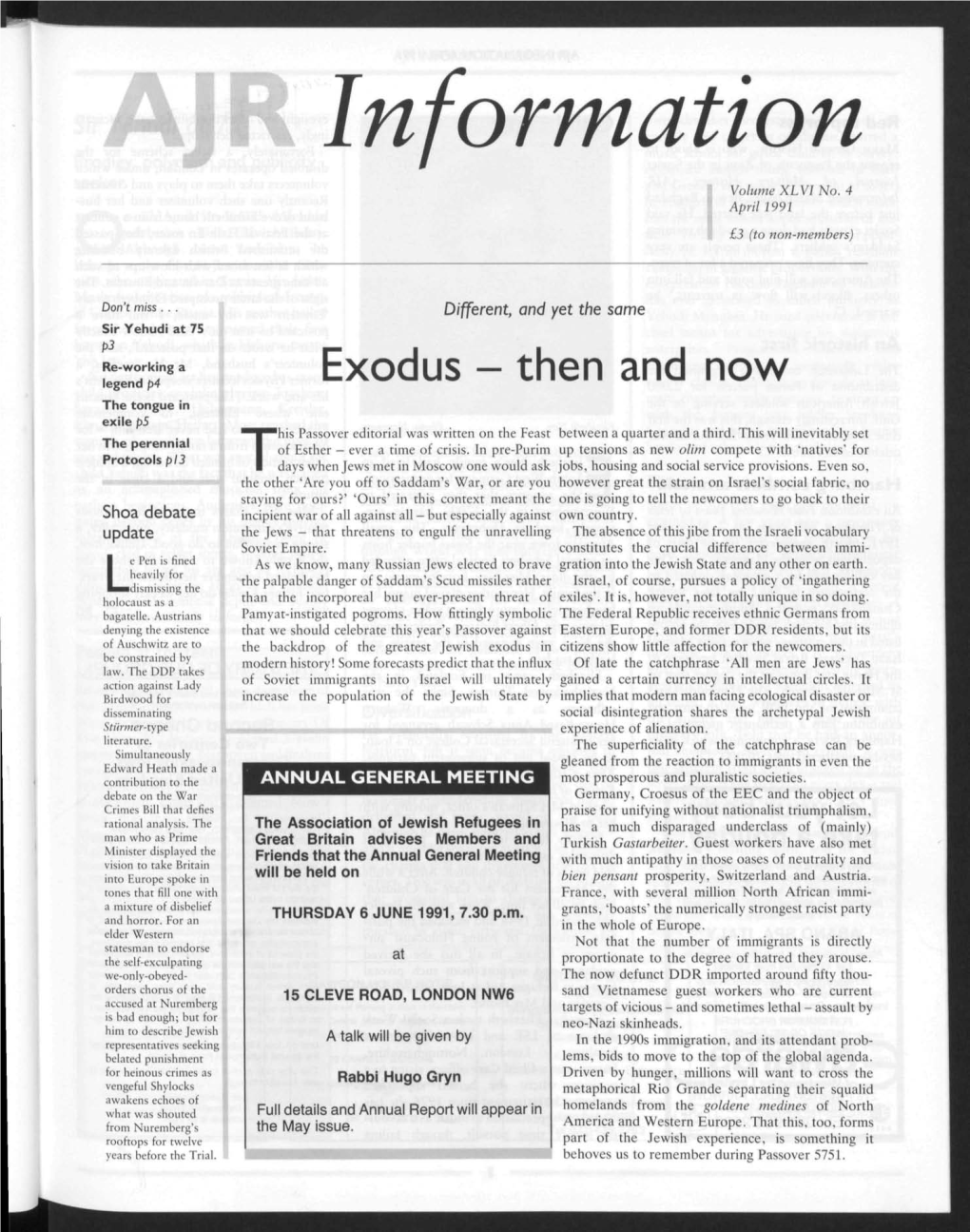 Exodus - Then and Now the Tongue in Exile P5 His Passover Editorial Was Written on the Feast Between a Quarter and a Third