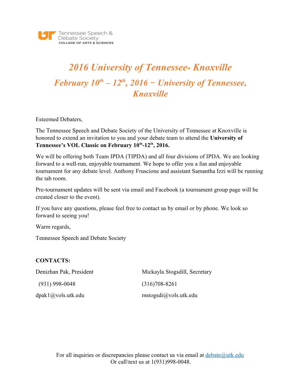 2016 University of Tennessee- Knoxville