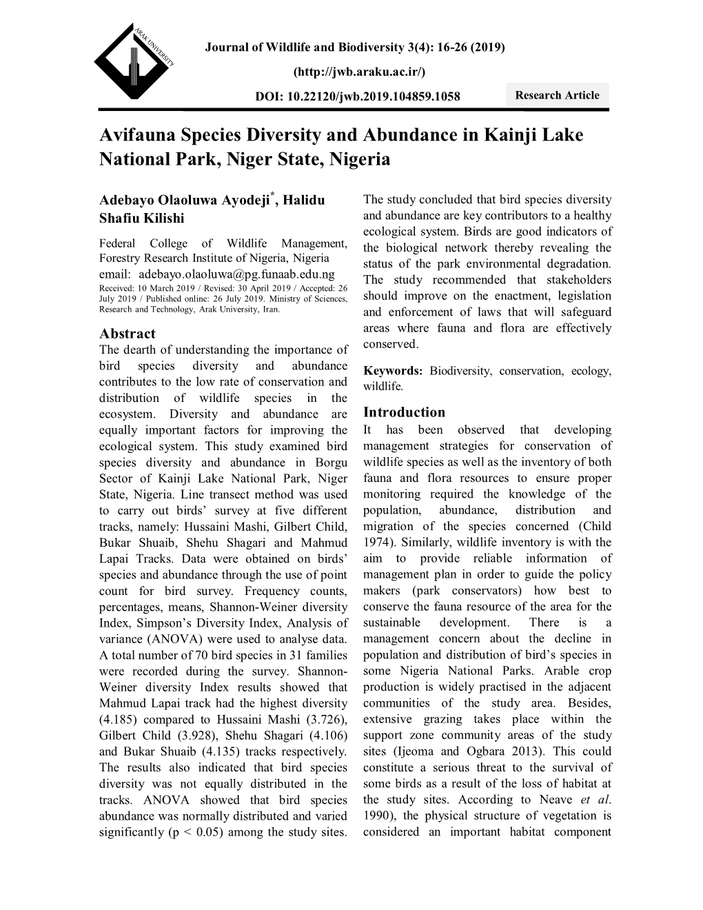 Avifauna Species Diversity and Abundance in Kainji Lake National Park, Niger State, Nigeria