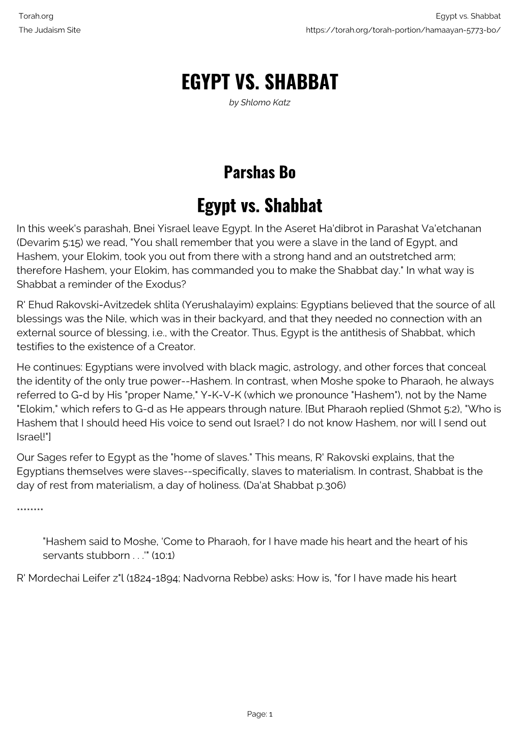 Egypt Vs. Shabbat the Judaism Site