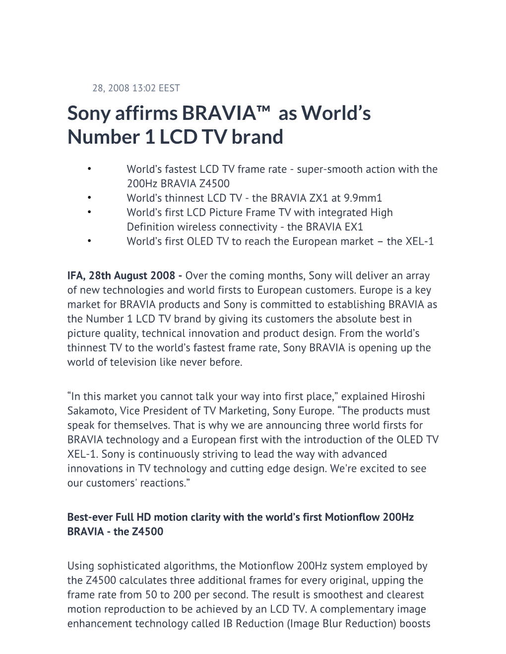 Sony Affirms BRAVIA™ As World's Number 1 LCD TV Brand