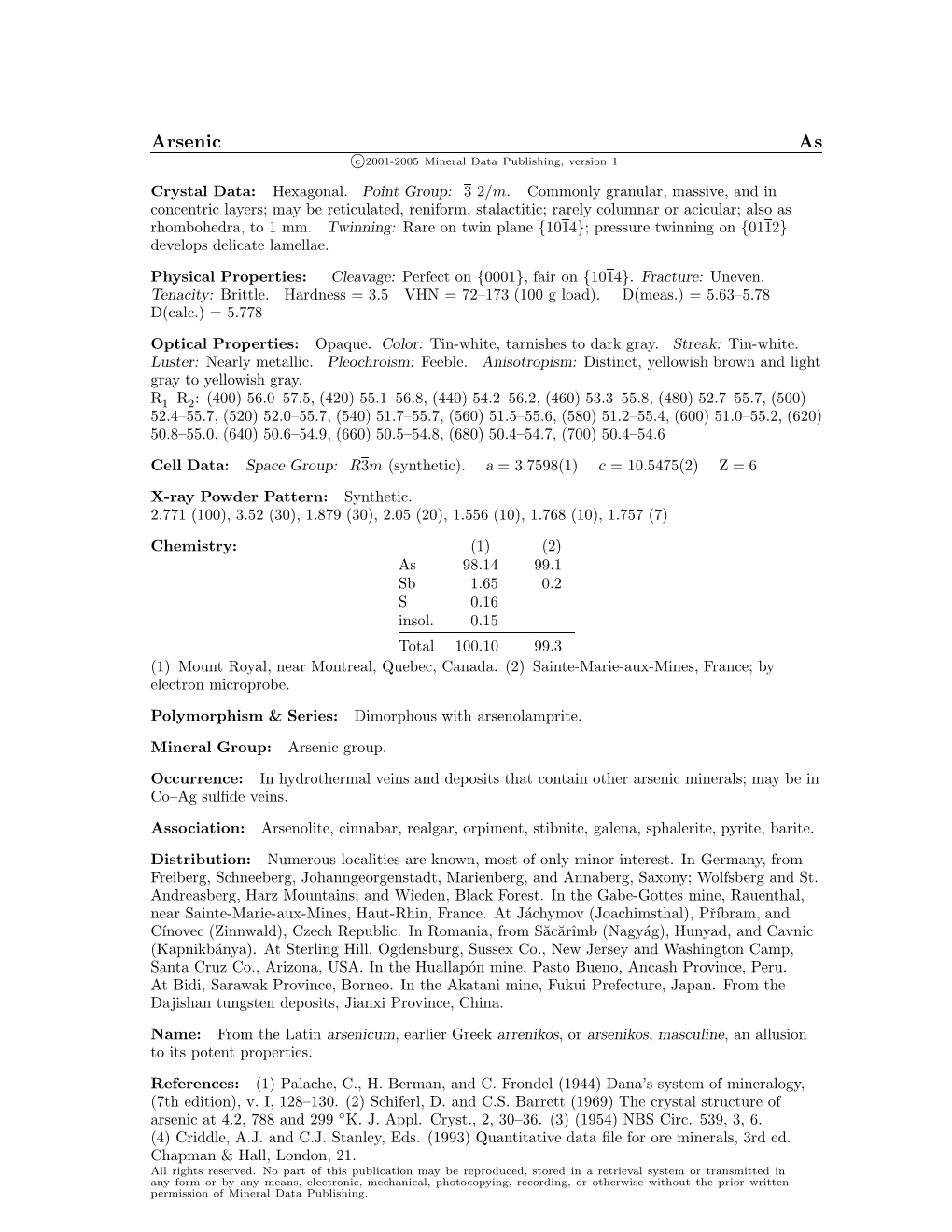 Arsenic As C 2001-2005 Mineral Data Publishing, Version 1