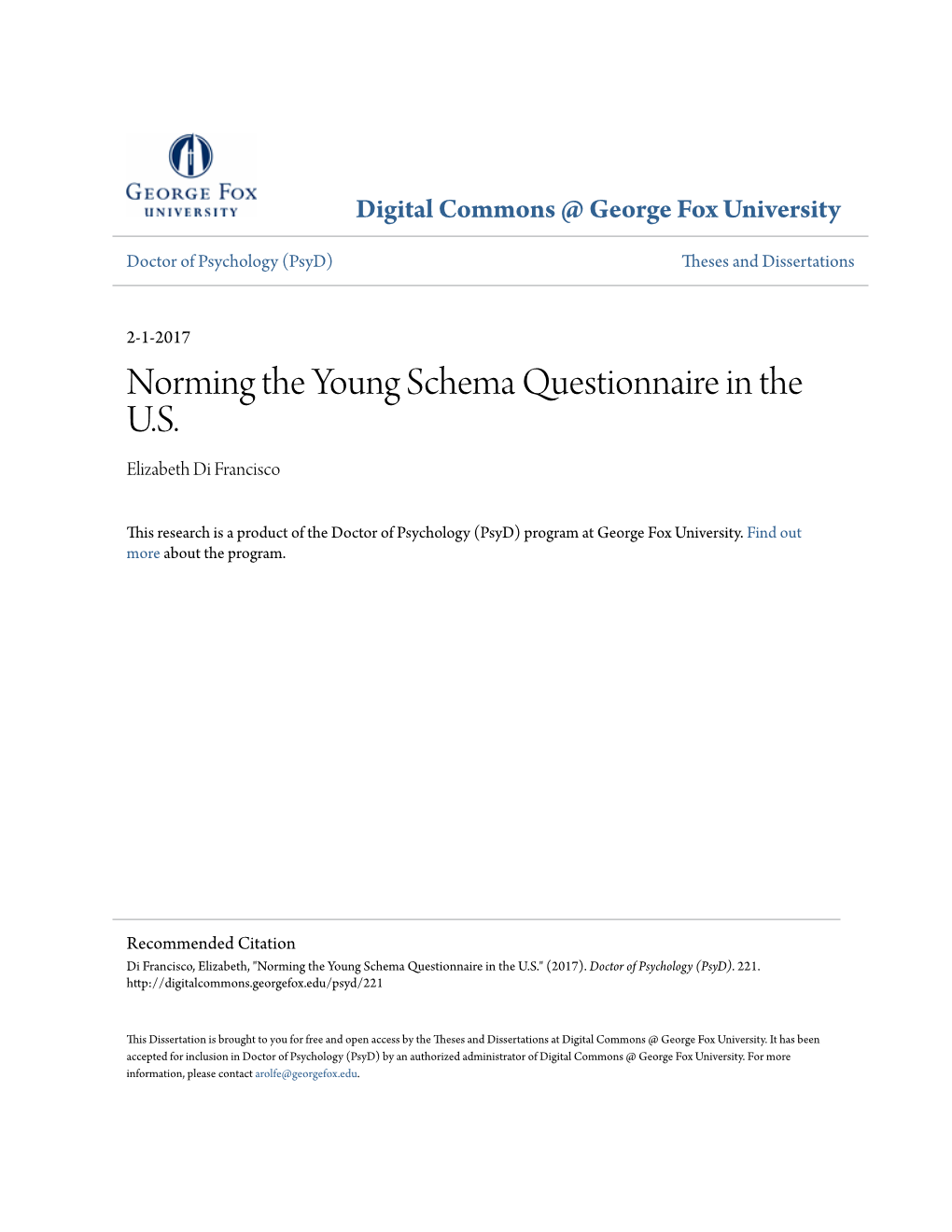 Norming the Young Schema Questionnaire in the U.S. Elizabeth Di Francisco