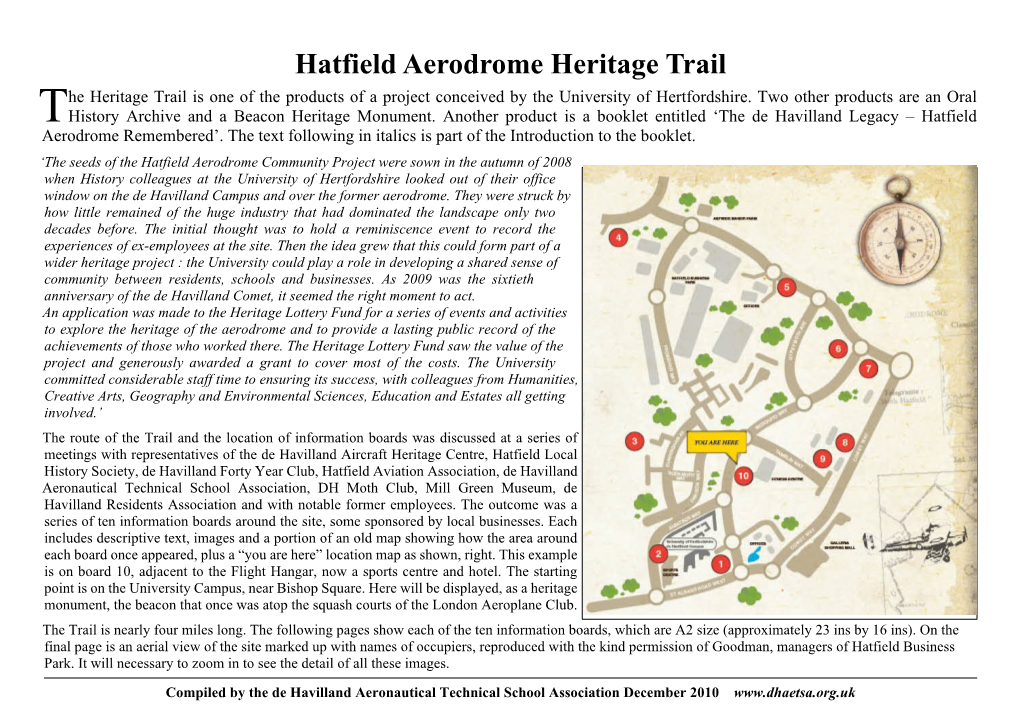 Hatfield Aerodrome Heritage Trail He Heritage Trail Is One of the Products of a Project Conceived by the University of Hertfordshire