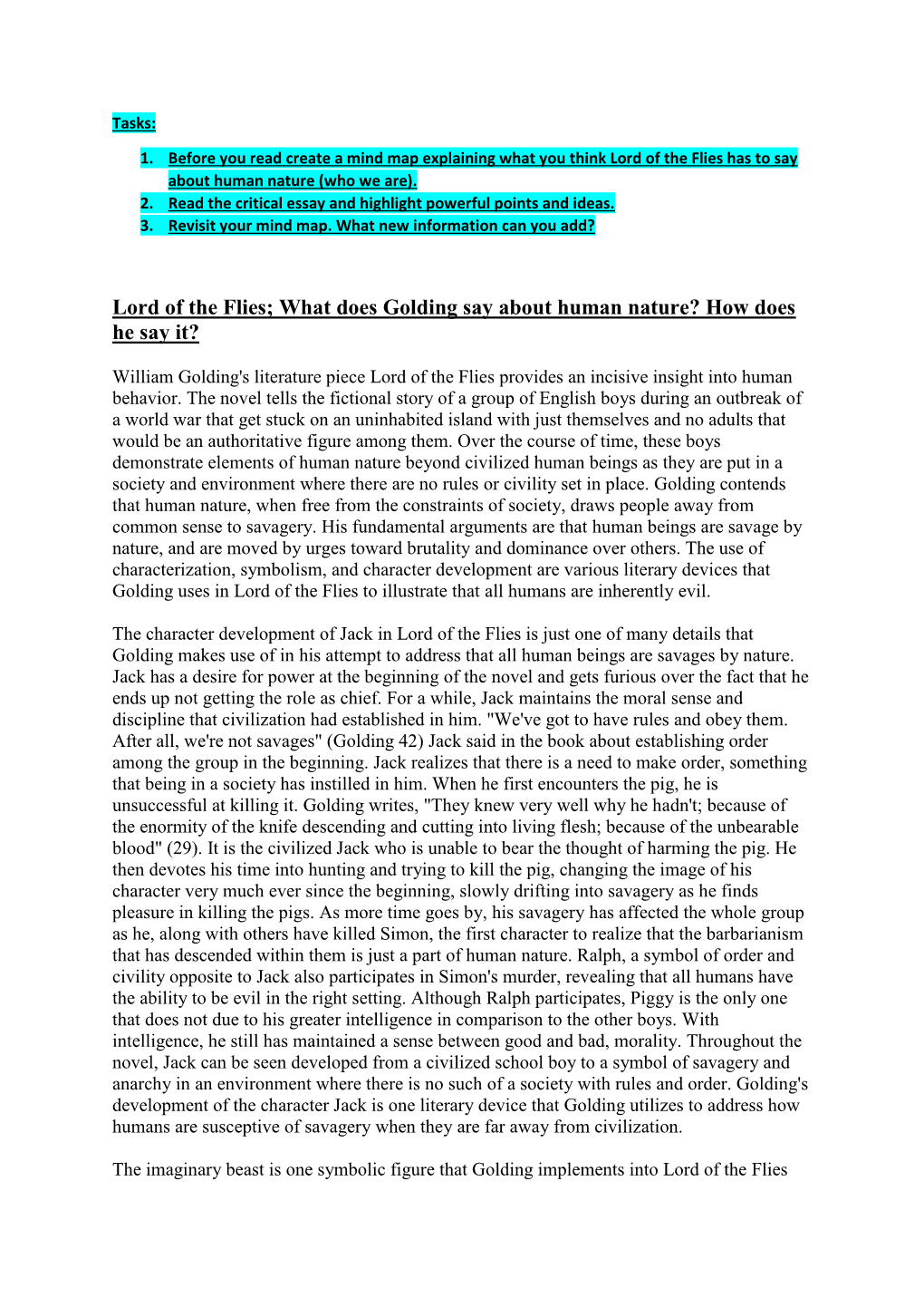 Lord of the Flies; What Does Golding Say About Human Nature? How Does He Say It?