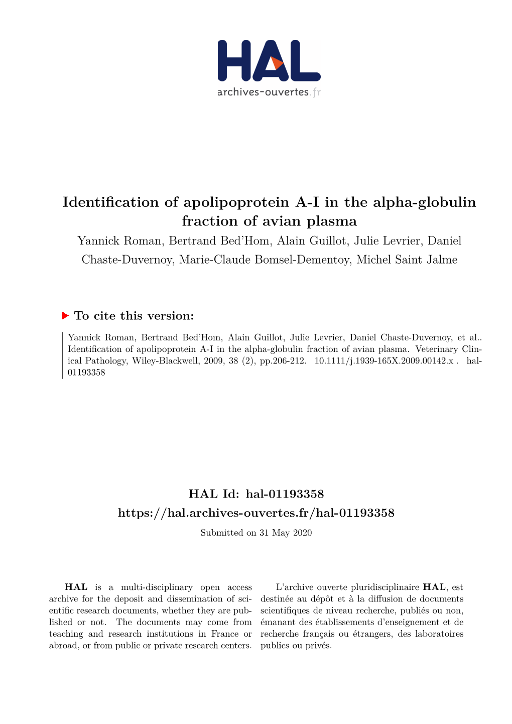 Identification of Apolipoprotein A-I in the Alpha-Globulin Fraction of Avian