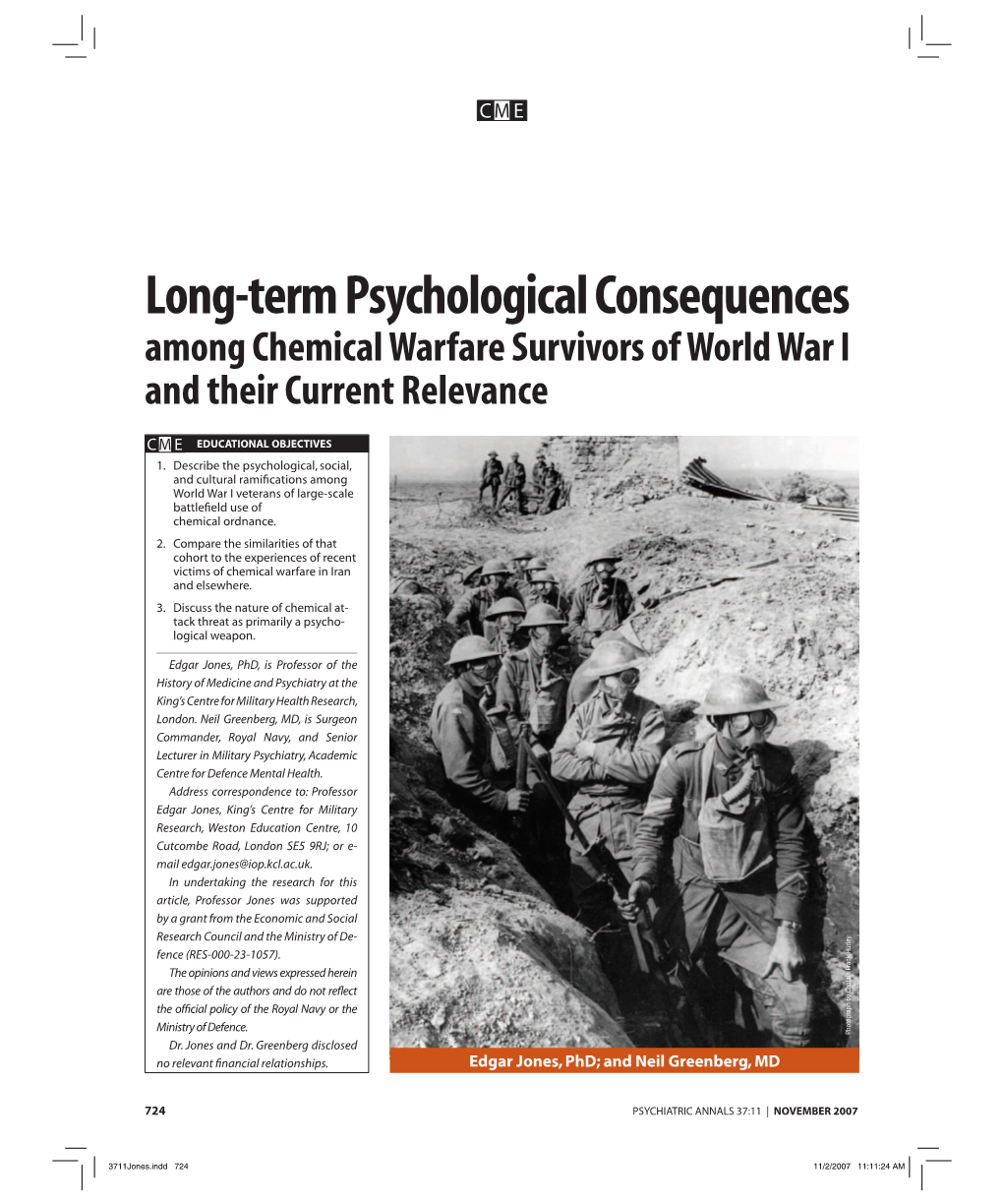 Long-Term Psychological Consequences Among Chemical Warfare Survivors of World War I and Their Current Relevance