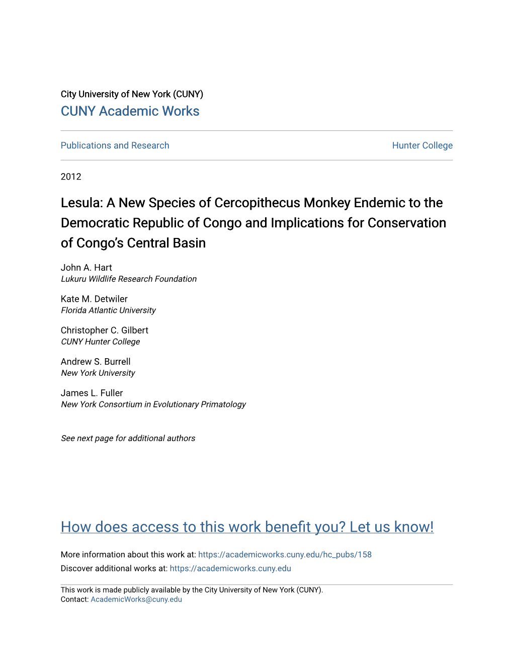 Lesula: a New Species of Cercopithecus Monkey Endemic to the Democratic Republic of Congo and Implications for Conservation of Congo’S Central Basin