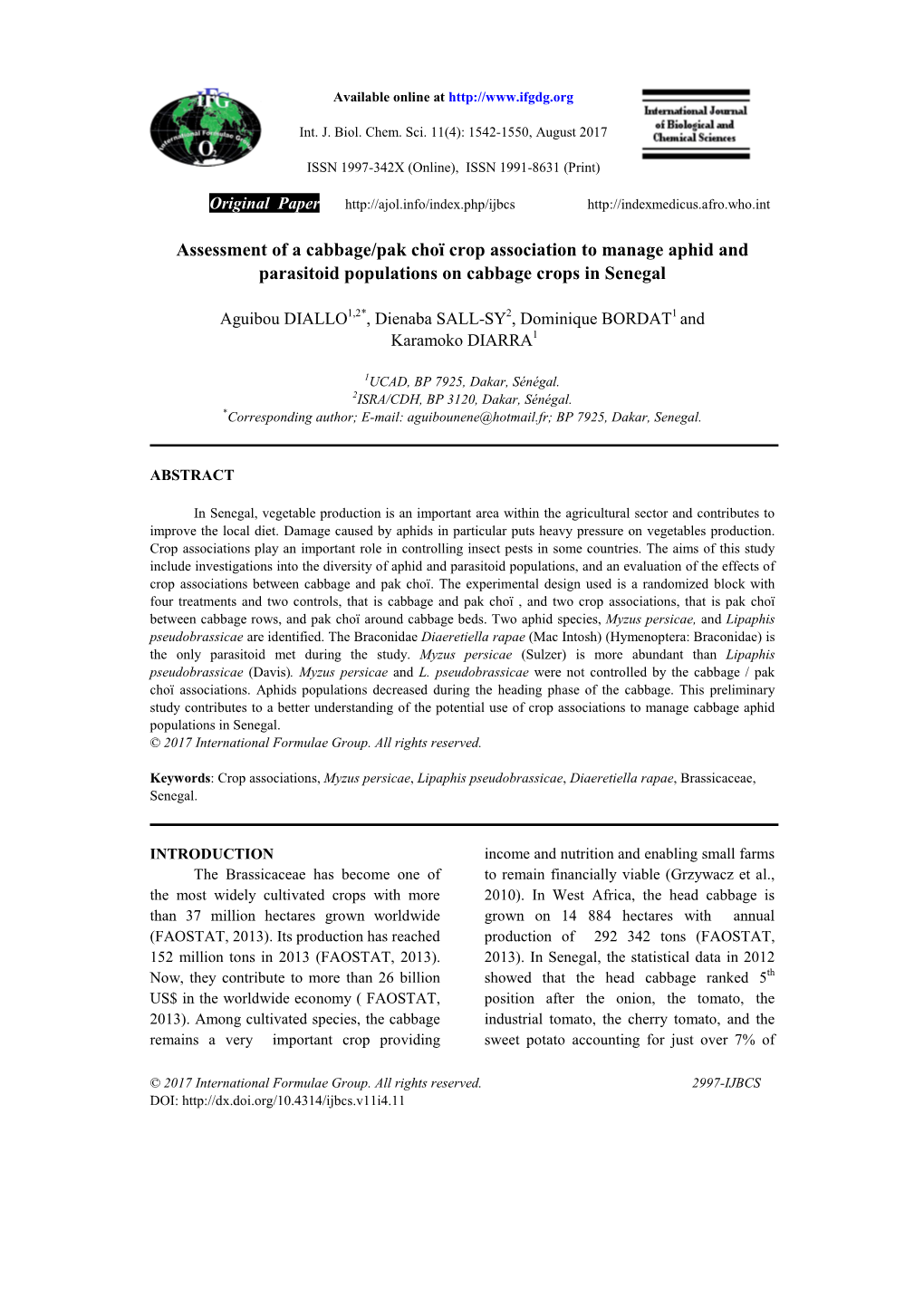 Assessment of a Cabbage/Pak Choï Crop Association to Manage Aphid and Parasitoid Populations on Cabbage Crops in Senegal