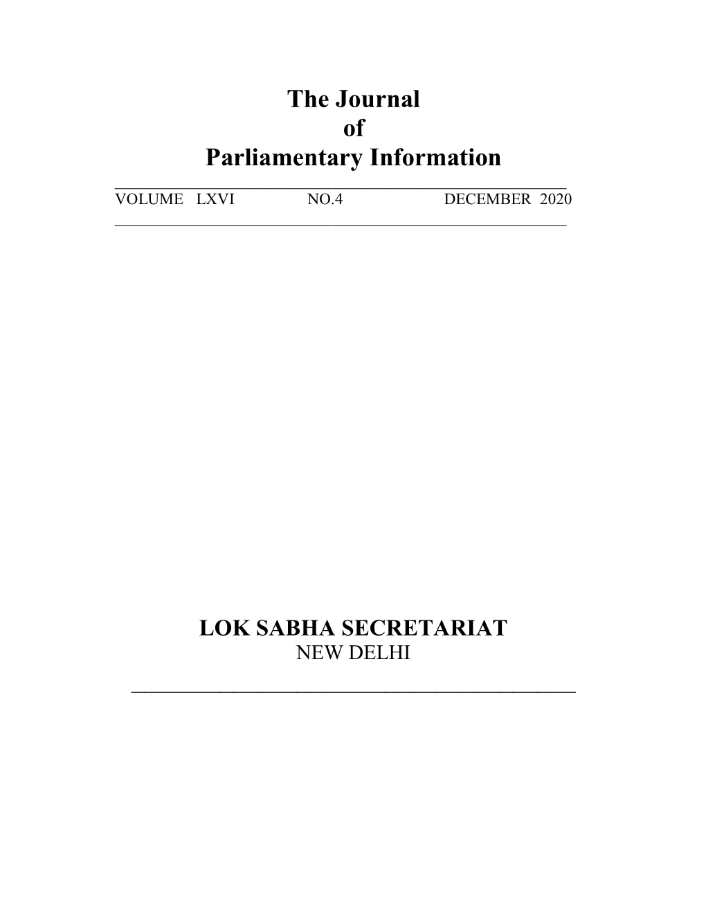 The Journal of Parliamentary Information ______VOLUME LXVI NO.4 DECEMBER 2020 ______