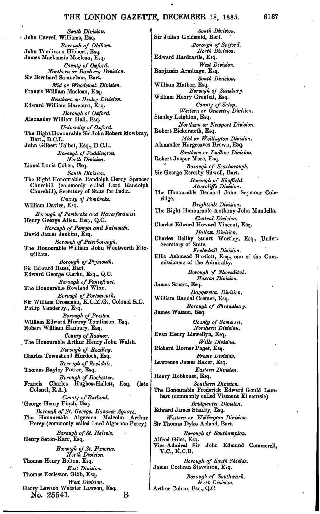 THE LONDON GAZETTE, DECEMBER 18, 1885. 6137 No