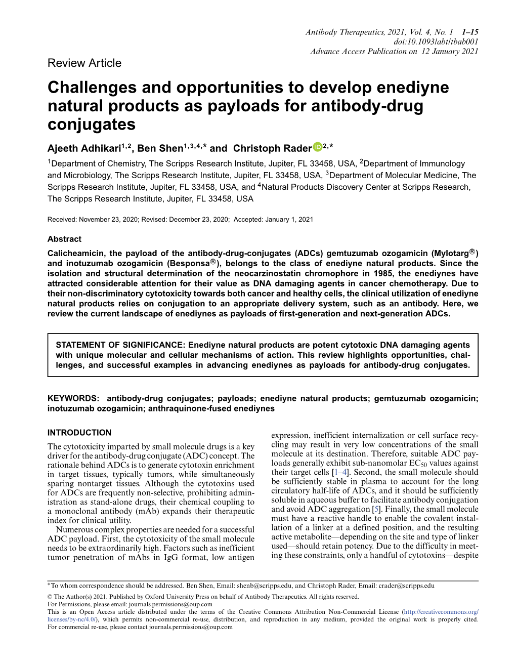 Challenges and Opportunities to Develop Enediyne Natural Products As Payloads for Antibody-Drug Conjugates