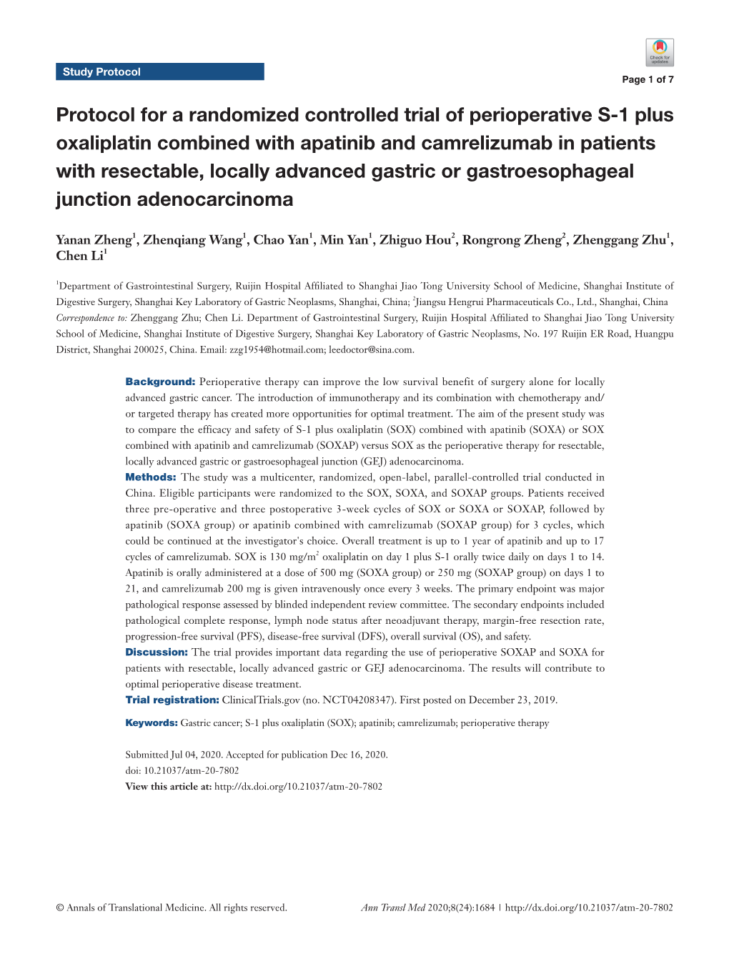 Protocol for a Randomized Controlled Trial of Perioperative S-1 Plus