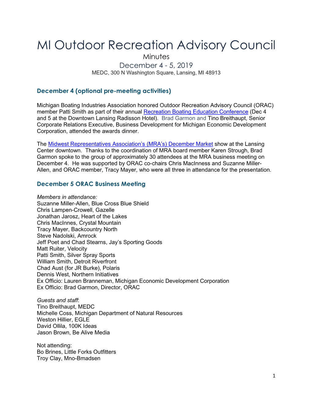 Michigan Outdoor Recreation Advisory Council Minutes