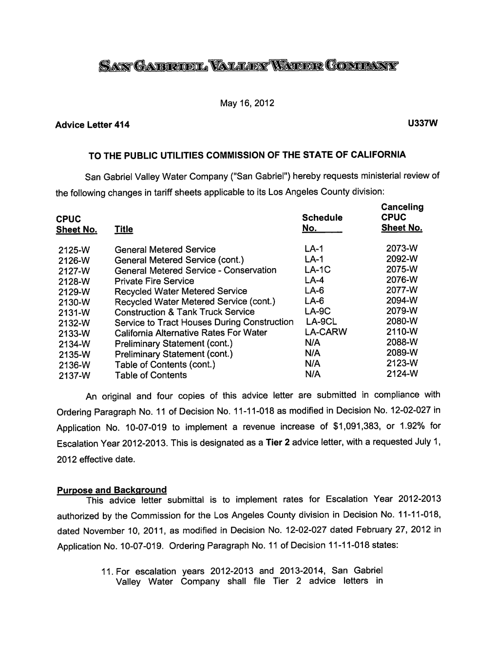 Hereby Requests Ministerial Review of the Following Changes in Tariff Sheets Applicable to Its Los Angeles County Division