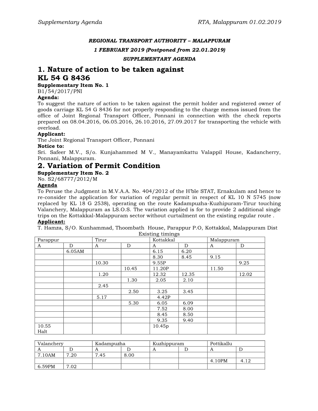 1. Nature of Action to Be Taken Against KL 54 G 8436 2. Variation of Permit