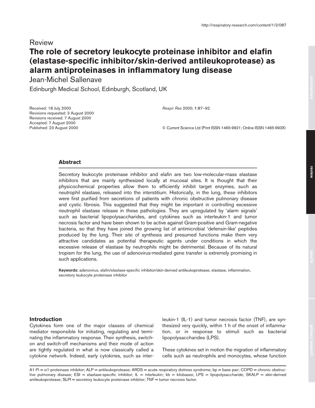 The Role of Secretory Leukocyte Proteinase Inhibitor and Elafin