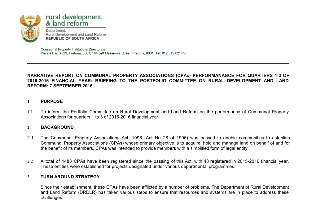 Cpa Performanance Report for Quarters 1St to 3Rd of the Financial Year: 2015/16