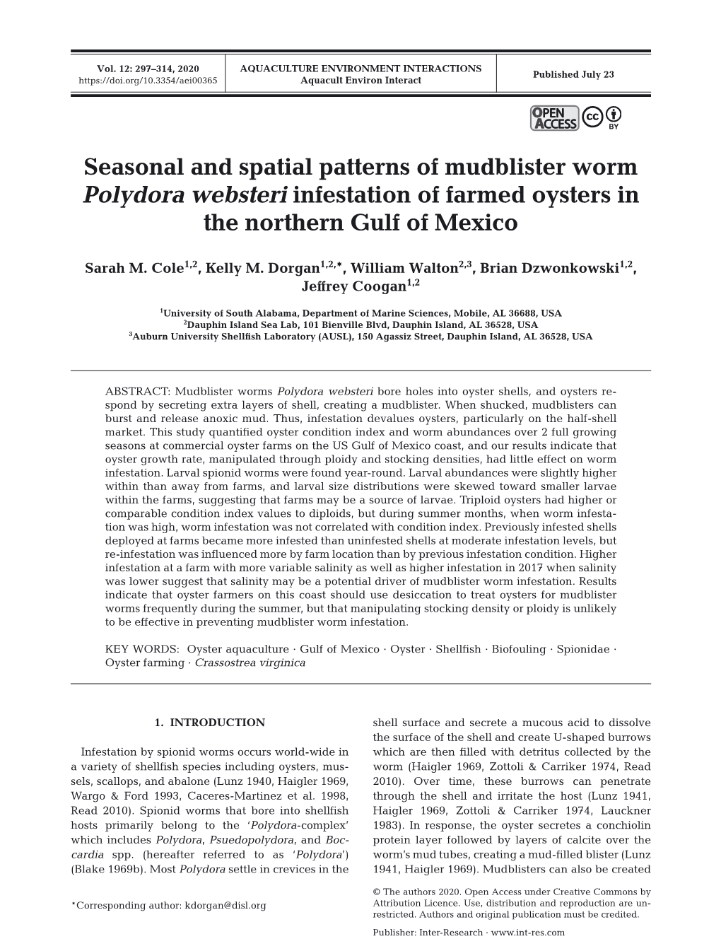 Seasonal and Spatial Patterns of Mudblister Worm Polydora Websteri Infestation of Farmed Oysters in the Northern Gulf of Mexico