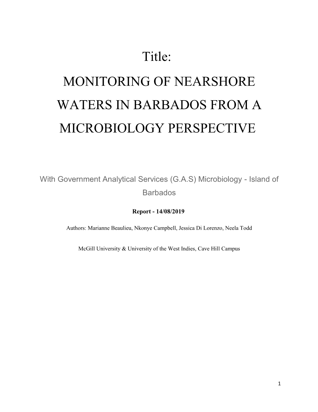 Monitoring of Nearshore Waters in Barbados from a Microbiology