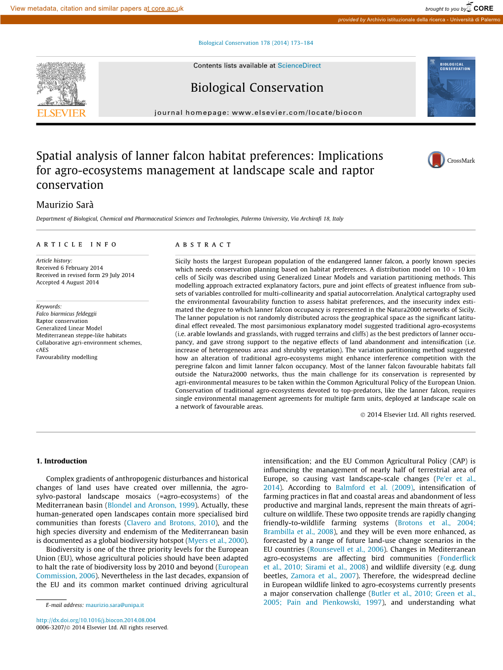 Spatial Analysis of Lanner Falcon Habitat Preferences: Implications for Agro-Ecosystems Management at Landscape Scale and Raptor Conservation