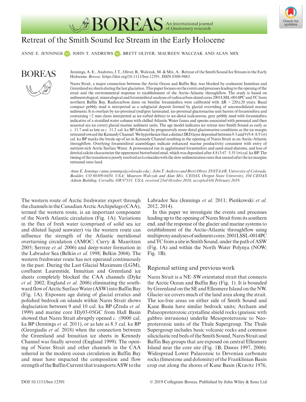 Retreat of the Smith Sound Ice Stream in the Early Holocene