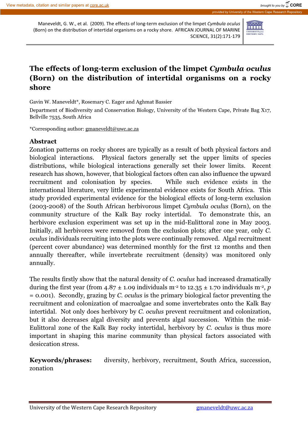 The Effects of Long-Term Exclusion of the Limpet Cymbula Oculus (Born) on the Distribution of Intertidal Organisms on a Rocky Shore