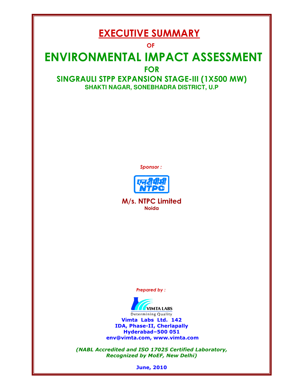 Environmental Impact Assessment for Singrauli Stpp Expansion Stage-Iii (1X500 Mw ) Shakti Nagar, Sonebhadra District, U.P