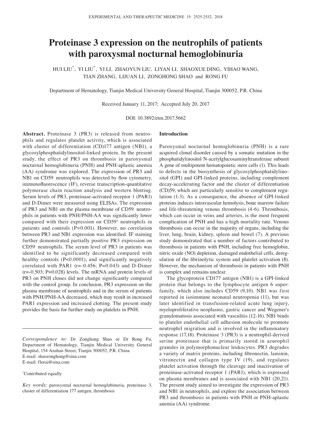 Proteinase 3 Expression on the Neutrophils of Patients with Paroxysmal Nocturnal Hemoglobinuria