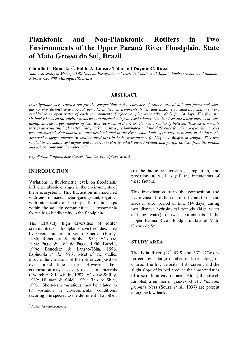 Planktonic and Non-Planktonic Rotifers in Two Environments of the Upper Paraná River Floodplain, State of Mato Grosso Do Sul, Brazil