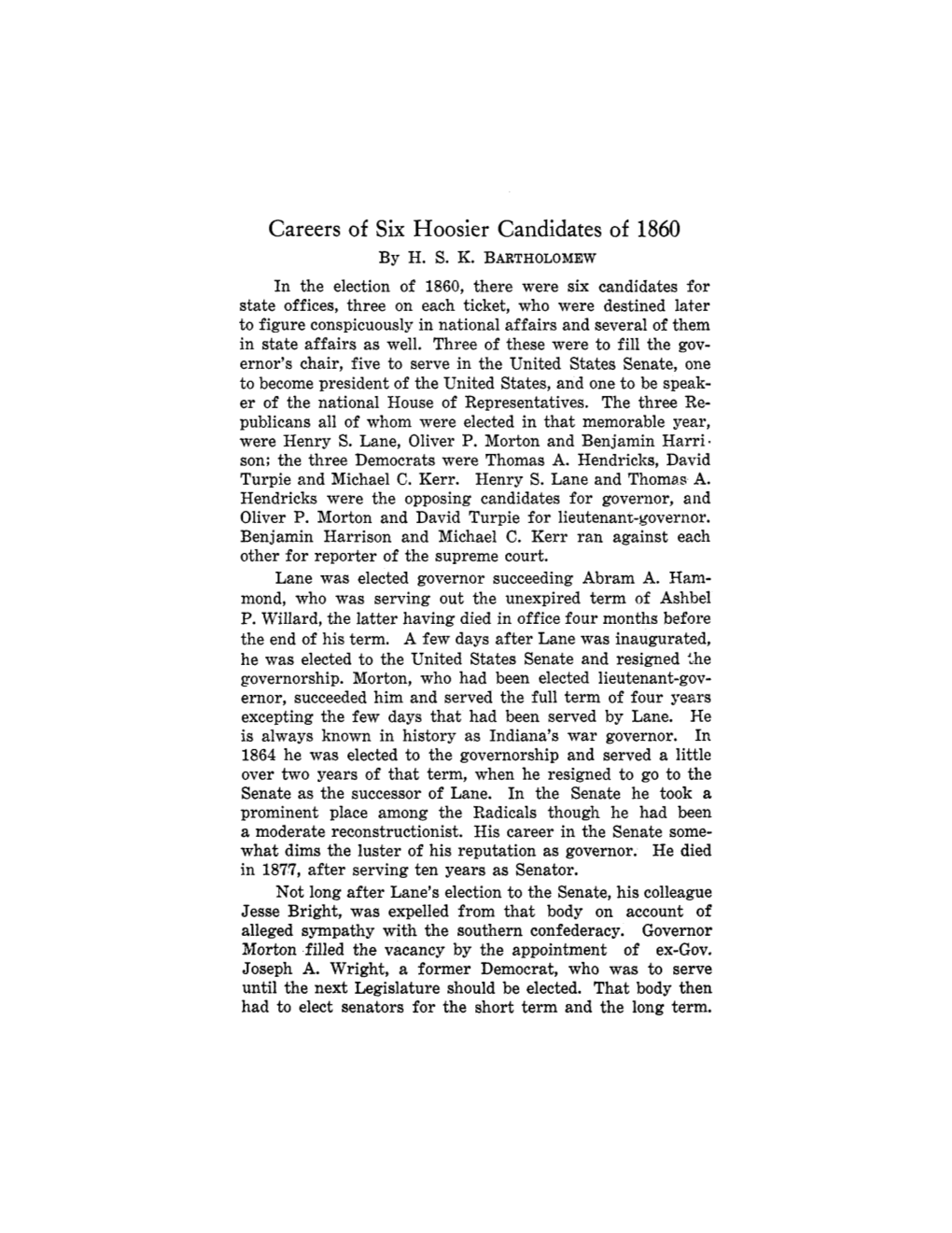 Careers of Six Hoosier Candidates of 1860 by H