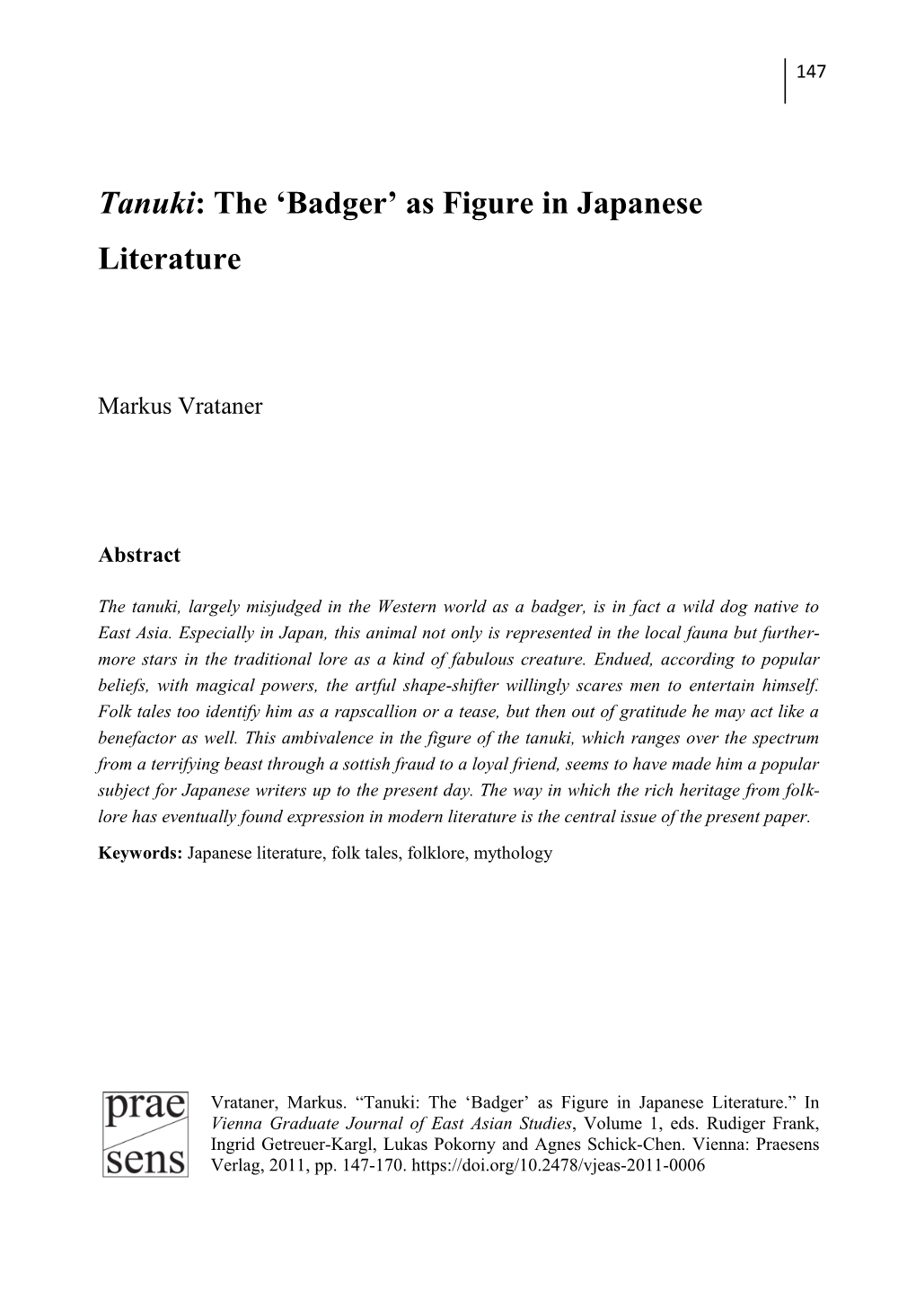 Tanuki: the 'Badger' As Figure in Japanese Literature