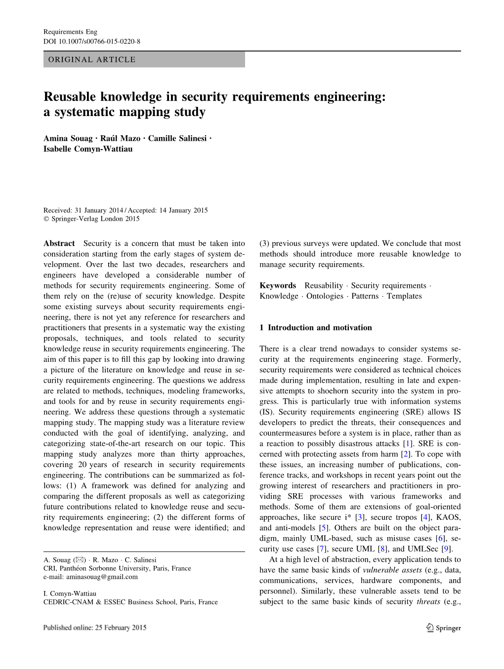 Reusable Knowledge in Security Requirements Engineering: a Systematic Mapping Study