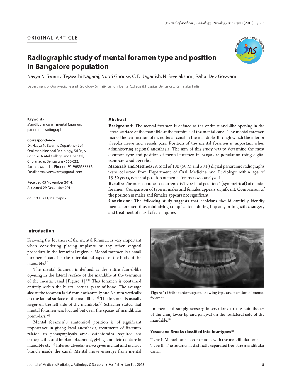 Radiographic Study of Mental Foramen Type and Position in Bangalore Population Navya N