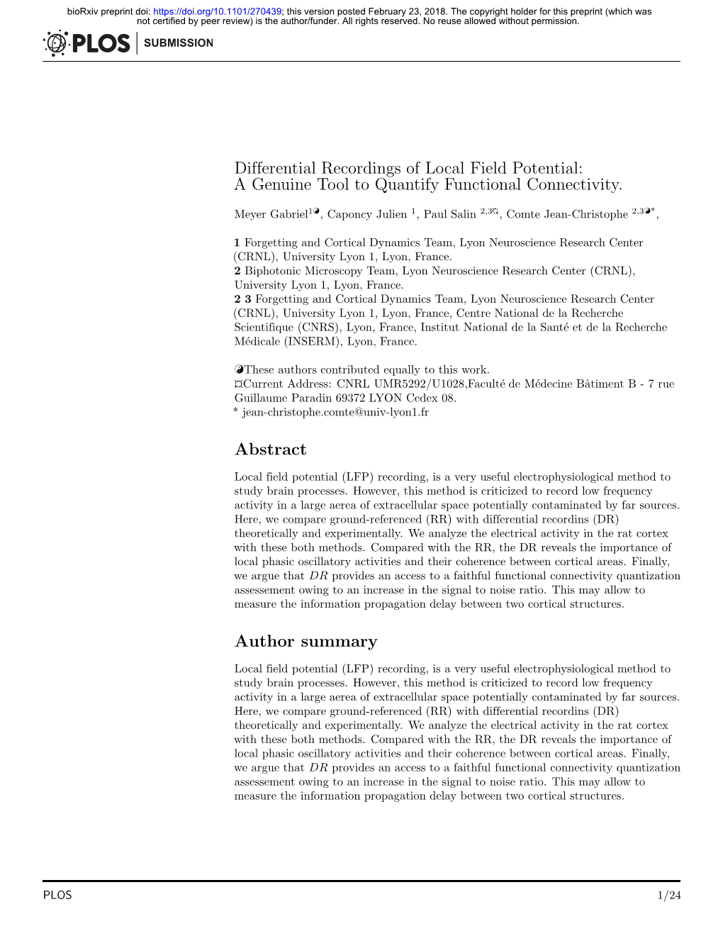 Differential Recordings of Local Field Potential: a Genuine Tool to Quantify Functional Connectivity